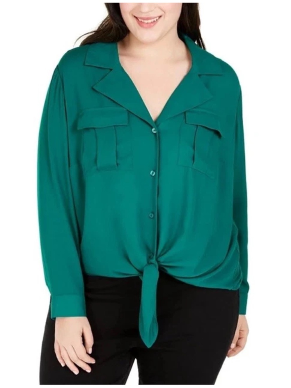 INC Button Up Blouse Shirt Top Sz 1X Emerald Green V-Neck Tie Front Career *FLAW